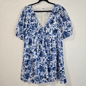 Abercrombie Fitch Blue Cotton Poplin Floral Puff Sleeve V Neck Dress XL